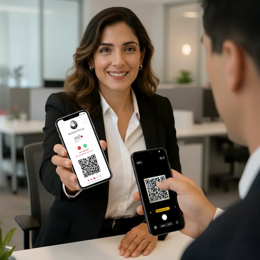 Mujer compartiendo datos por QR